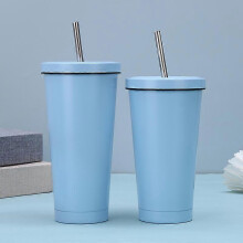(Light Blue) Vacuum Straw Cup,Stainless Steel Double Insulation Cup with Lid,Portable Travel Coffee Mug