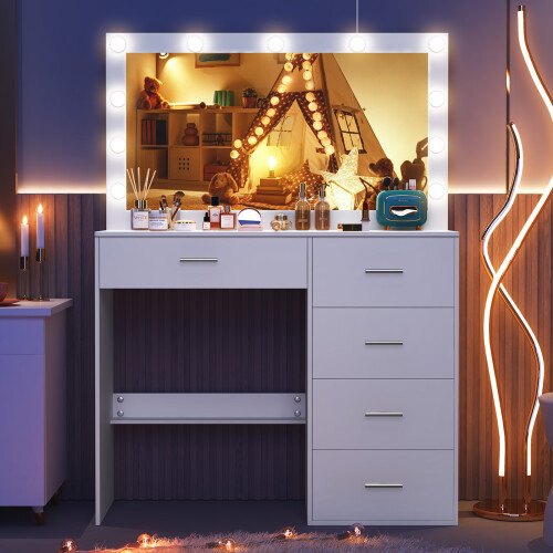 Large Mirror Vanity Desk with 5 Drawers Dresser 1