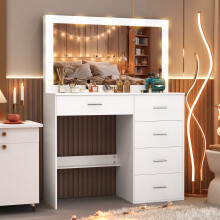 Large Mirror Vanity Desk with 5 Drawers Dresser
