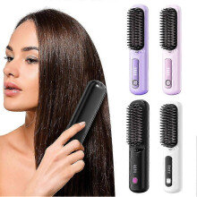 (Black) Fast Heating Anti-Scald Cordless Straightener Brush USB Rechargeable for Women Students