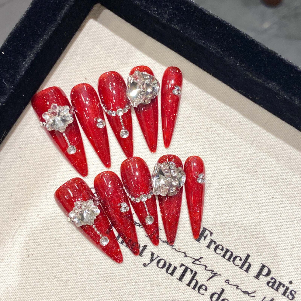 Bright-Home (S) Red Long Pointed Head Press On Nails Ultra-Flexible Long Lasting Fake Nails For Fingernail Diy Decoration