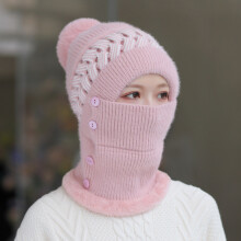 (Pink) Winter Windproof Warm Scarf One-piece Hat Earmuffs Cap Knitted Beanie Hat For Women