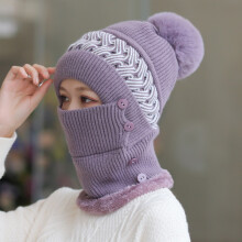 (Purple) Winter Windproof Warm Scarf One-piece Hat Earmuffs Cap Knitted Beanie Hat For Women