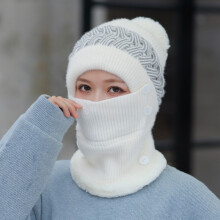 (White) Winter Windproof Warm Scarf One-piece Hat Earmuffs Cap Knitted Beanie Hat For Women