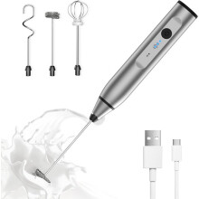 Electric Milk Frother USB Rechargeable with 3 Speeds Interchangeable Whisks for Coffee and Latte