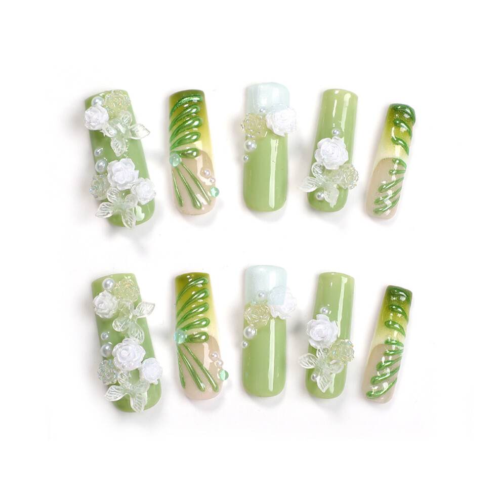 Bright-Home (L) 10Pcs Green Long Fake Nails With Flower Decor Reusable Long Lasting Press On Nails For Girlfriend Wife Women And Girl