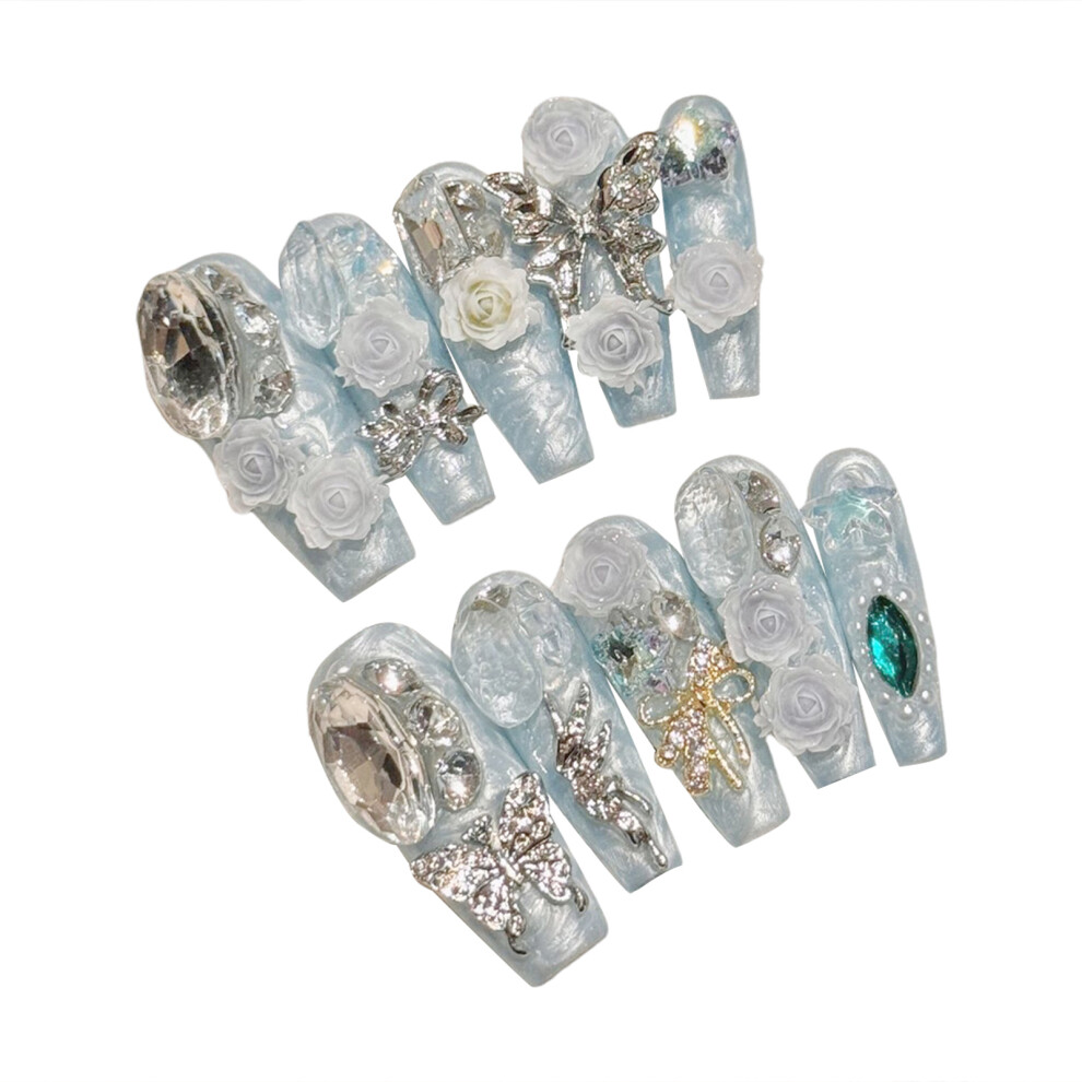 Bright-Home (S) Lake Blue Fake Nails With Butterfly Decor Durable & Never Splitting Comfort Fake Nails For Manicure Lovers And Beauty Bl