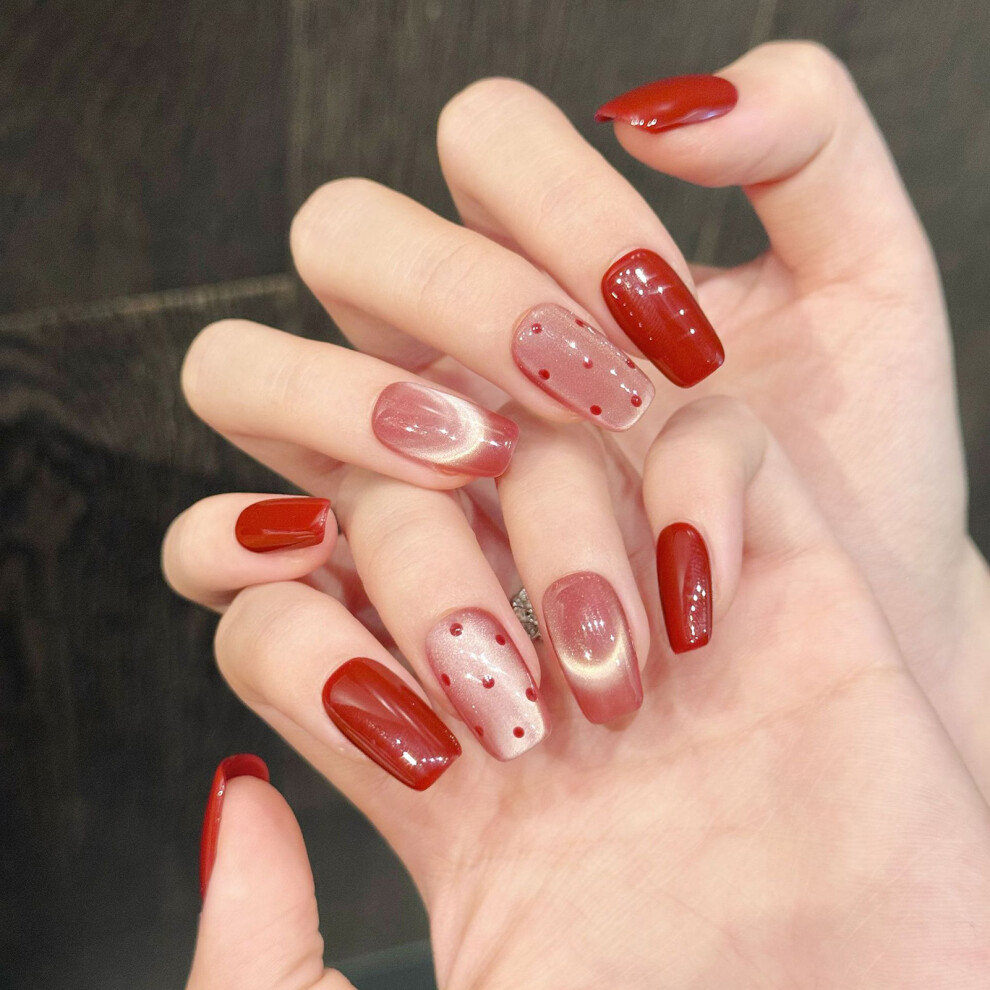 Bright-Home (S) 10Pcs Full Cover False Nails For Women Polka Dot Press On Nails With Cat Eye For Women Girls Manicure Diy