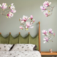 Magnolia muurstickers, set van 2 zelfklevende PVC-stukken, bloementakken decoratie voor woonkamer en slaapkamer