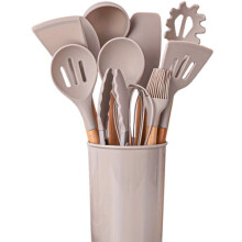 Silicone Kitchen Utensil Set 12-Piece with Wooden Handle, Heat Resistant Non-Stick Cooking Tools for Saute Frying Baking