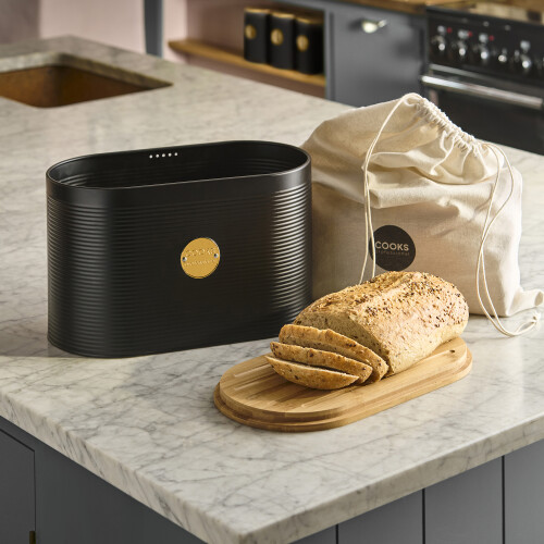 Cooks Professional Cooks Professional Bread Bin, Linen Bag and Bamboo Board Set | Black / Gold 1