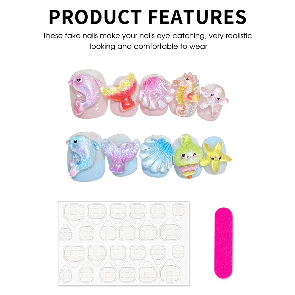 Bright-Home (M) Pink Blue Fake Nails With Cartoon Pattern No Bad Smell Environmentally Friendly For Women And Girl Nail Salon