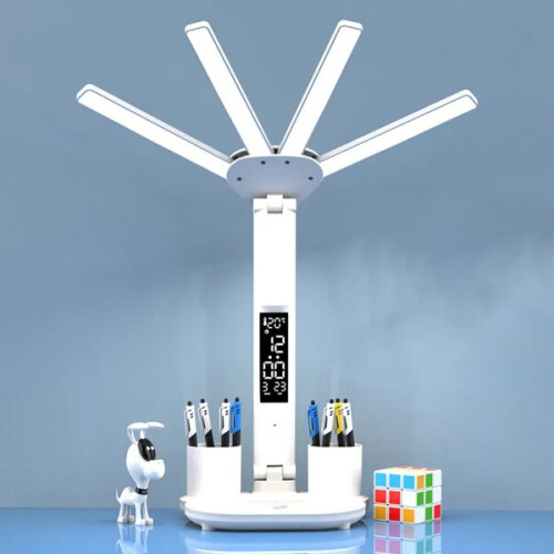 LED Desk Lamp with 4 Adjustable Heads, Touch Control, Digital Calendar Clock Display, White, Foldable Design for Office Study 1