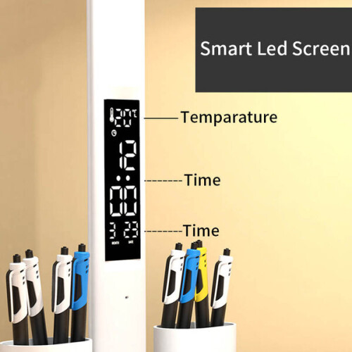 LED Desk Lamp with 4 Adjustable Heads, Touch Control, Digital Calendar Clock Display, White, Foldable Design for Office Study 2