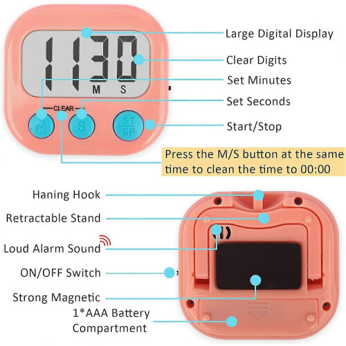 Children's Timer 2 Pack, Large Screen Magnetic Digital Timer for Kids, Classroom Countdown Timer with Memory Function, White Pink 2
