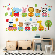 Wall Sticker Set, Cartoon Animal Train, 2-Piece Self-Adhesive Vinyl, Kids Room Decor, Nursery Playroom Wall Decal