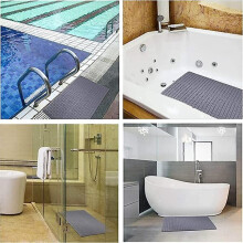 Bath Mat Non-Slip Shower Mat with Suction Cups Drain Holes, 77x36cm Grey PVC Floor Mat for Bathroom Shower Cabin