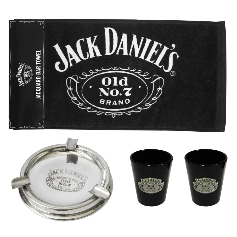 Knight Black Jack Daniels Deluxe Bar Set: Towel, Shot Glasses & Ashtray