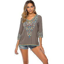 (Grey,L)Women Embroidery Boho Shirt 3/4 Sleeve Mexican Bohemian Tops Tunic Blouse