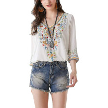 (White,M)Women Embroidery Boho Shirt 3/4 Sleeve Mexican Bohemian Tops Tunic Blouse