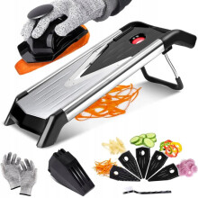 Vegetable Cutter with 5 Interchangeable Stainless Steel Blades for Slicing Chopping, 13.5x42x14.5cm Kitchen Tool with Hand Guard Non-Slip Feet