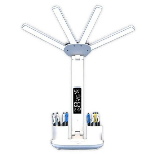 LED Desk Lamp with 4 Adjustable Heads, Touch Control, Digital Calendar Clock Display, White, Foldable Design for Office Study
