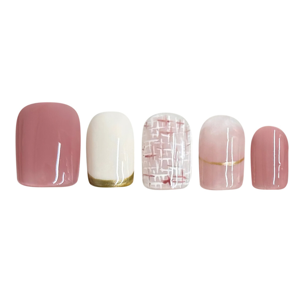 Bright-Home Pink,White,Gold (L) Pink White Fake Nails With Gold Line Print No Bad Smell Environmentally Friendly For Girlfriend Wife Women And Girl