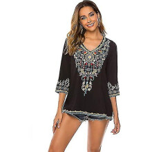 (Black,3XL)Women Embroidery Boho Shirt 3/4 Sleeve Mexican Bohemian Tops Tunic Blouse