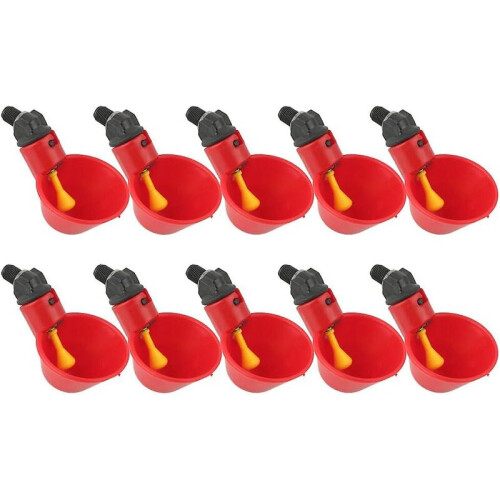 10 Pack Automatic Poultry Waterer for Backyard Chicken Flock, Durable Red Plastic Drinker with Self-Refilling Cup