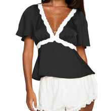 (XL, Black) Women Lace Trim Tops Trendy V Neck Split Short Sleeve Ruffle Shirts Casual Summer Streetwear