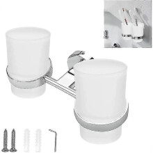 Wall Mounted Toothbrush Holder with 2 Frosted Glass Cups, Zinc Alloy Rustproof Bathroom Storage Organiser