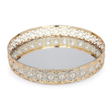 Gouden, spiegelende serveerschaal met kristallen accenten voor desserts, sieraden en woondecoratie, Europese stijl, metalen frame 23x23 cm