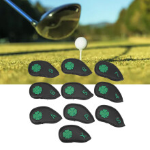 10 PCS Black PU Golf Iron Head Covers Waterproof Four Leaf Clover Pattern