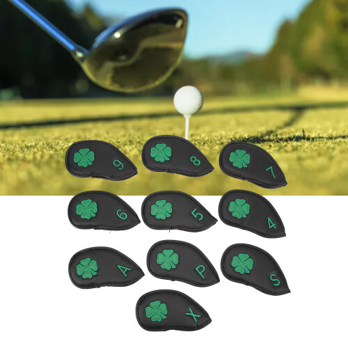 10 PCS Black PU Golf Iron Head Covers Waterproof Four Leaf Clover Pattern