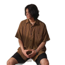(Dark brown, L) Retro Hollow Out Short Sleeve Shirt for Men, Summer Loose Lazy Style Casual Shirt, Breathable Mesh Design