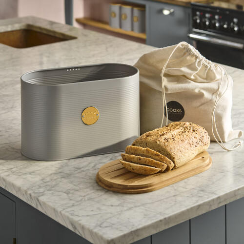 Cooks Professional Cooks Professional Bread Bin, Linen Bag and Bamboo Board Set Grey / Gold 1