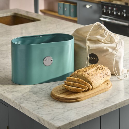 Cooks Professional Cooks Professional Bread Bin, Linen Bag and Bamboo Board Set Teal / Silver 1