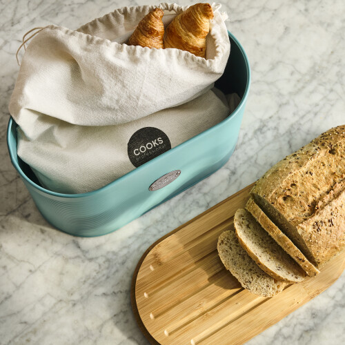 Cooks Professional Cooks Professional Bread Bin, Linen Bag and Bamboo Board Set Teal / Silver 2