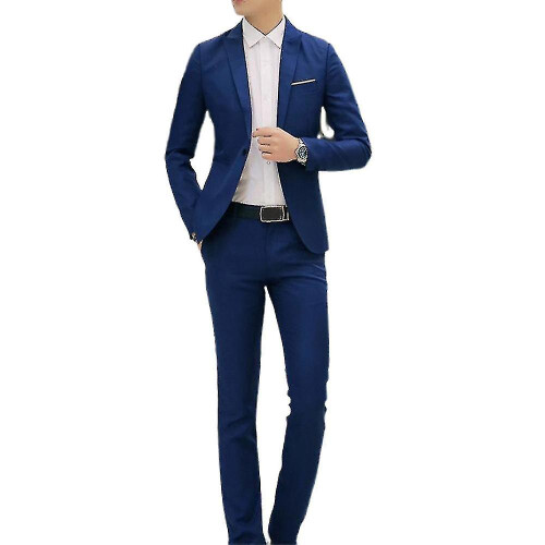 (Lake Blue,L)Mens Formal Suit Blazer Jacket + Trousers Sets