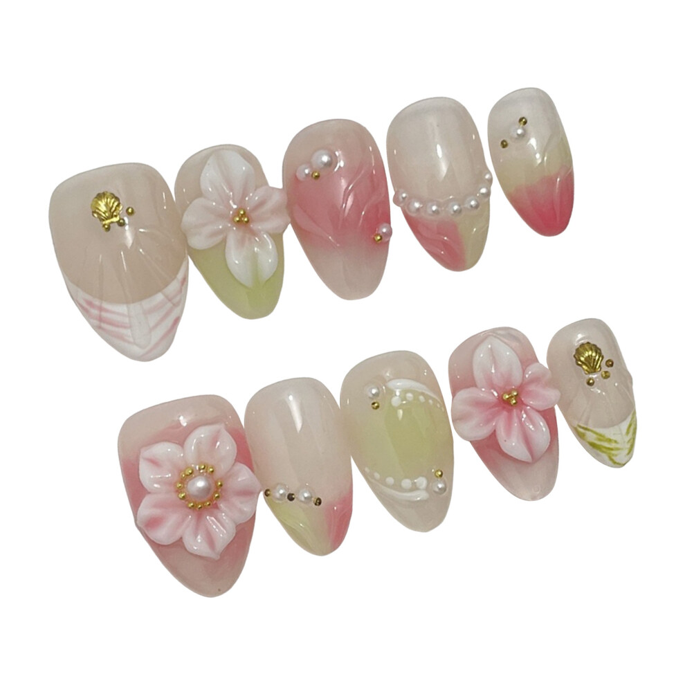 Bright-Home (M) 10Pcs Blush Short Fake Nails With Flower Decor With Not Easy Break Or Split Design For Shopping Traveling Dating