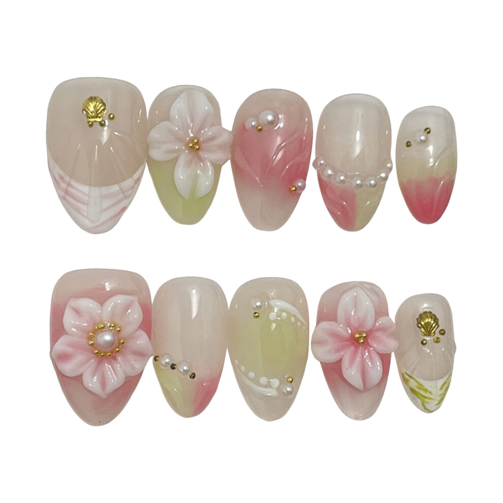Bright-Home (Xs) 10Pcs Blush Short Fake Nails With Flower Decor With Not Easy Break Or Split Design For Shopping Traveling Dating