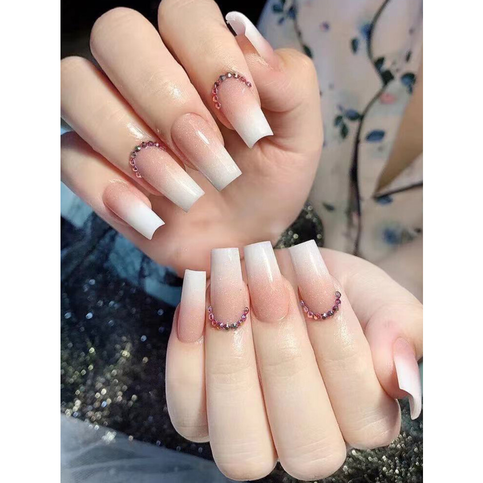Bright-Home (Shein Style) Light Pink Gradients Long False Nails Chip-Proof Smudge-Proof Fake Nails For Daily And Parties Wearing