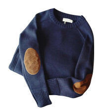 (L,Blue)Men Winter Thick Chunky Knit Long Sleeve Sweater Vintage Elbow Patch Faux Wool Pullover Top Solid Ca