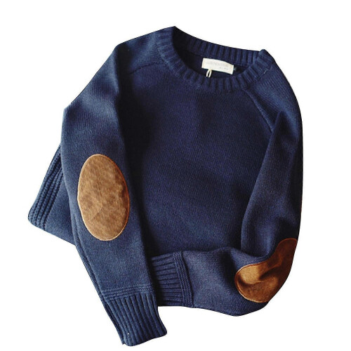 (M,Blue)Men Winter Thick Chunky Knit Long Sleeve Sweater Vintage Elbow Patch Faux Wool Pullover Top Solid Ca