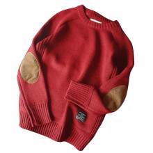(L,Red)Men Winter Thick Chunky Knit Long Sleeve Sweater Vintage Elbow Patch Faux Wool Pullover Top Solid Ca