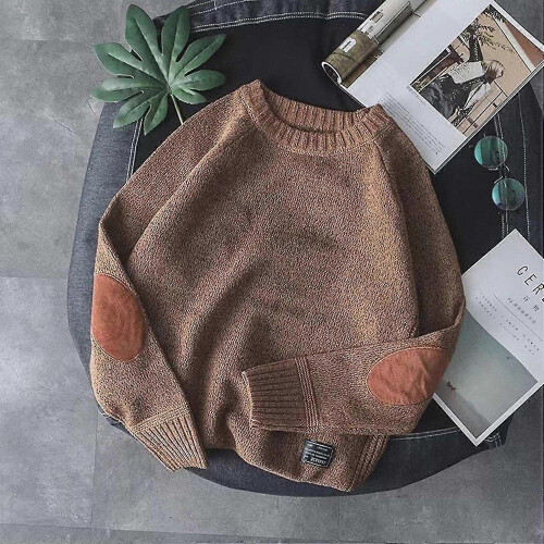 (L,Gray)Men Winter Thick Chunky Knit Long Sleeve Sweater Vintage Elbow Patch Faux Wool Pullover Top Solid Ca 2