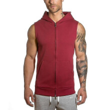 (S,Wine Red)Men Sleeveless Hoodie Zip Up Hooded Sweatshirt Top Gym Sport Gilet Coat Jacket