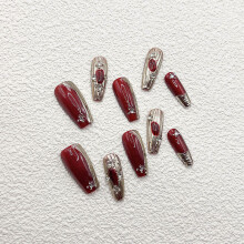 (XS) Cat Eye Red Silver Fake Nails for Women