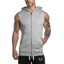 (S,Grey)Men Sleeveless Hoodie Zip Up Hooded Sweatshirt Top Gym Sport Gilet Coat Jacket