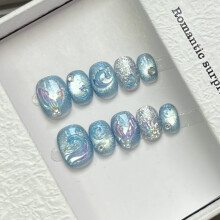 (XS) 10PCS Blue Cat Eye Press On Nails for Daily & Party